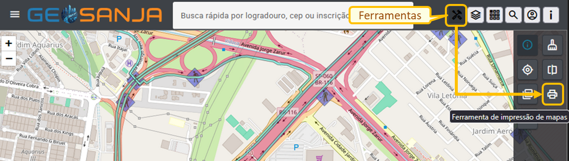 Ferramenta de impressão de mapas no Geosanja